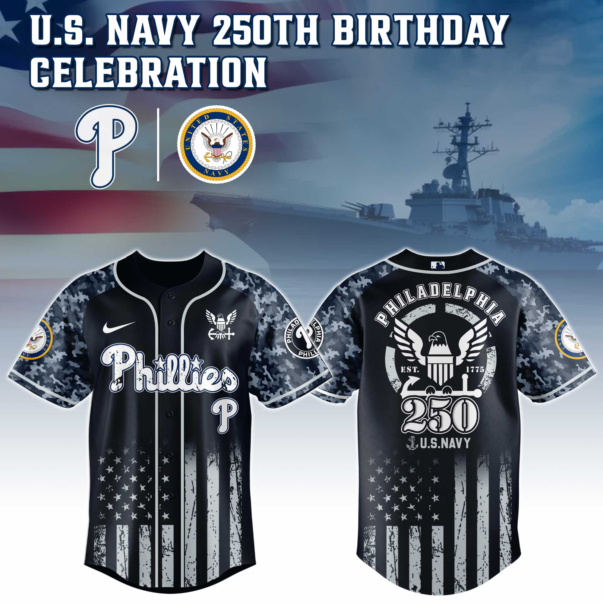 Philadelphia Phillies Mlb X 250 U.s. Navy Custom Baseball Jersey