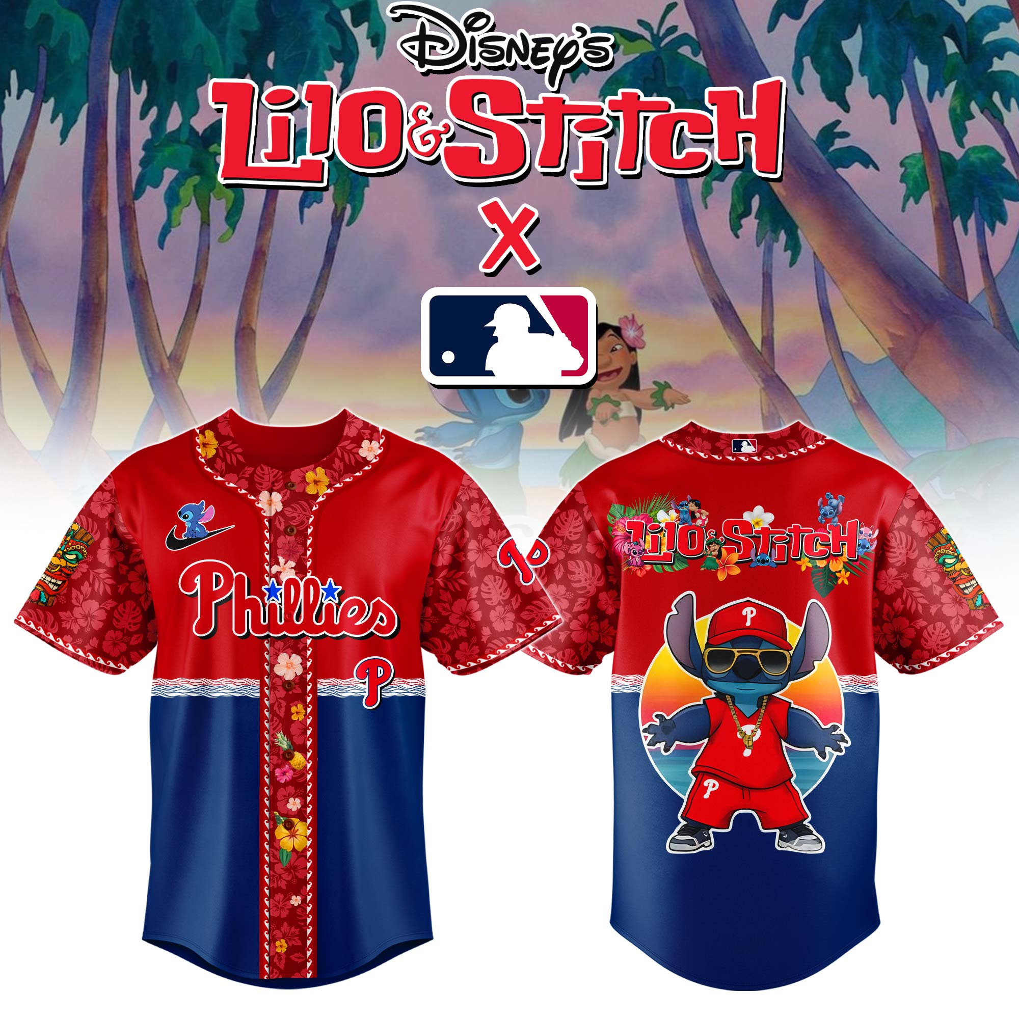 Philadelphia Phillies Mlb X Lilo & Stitch Custom Baseball Jersey