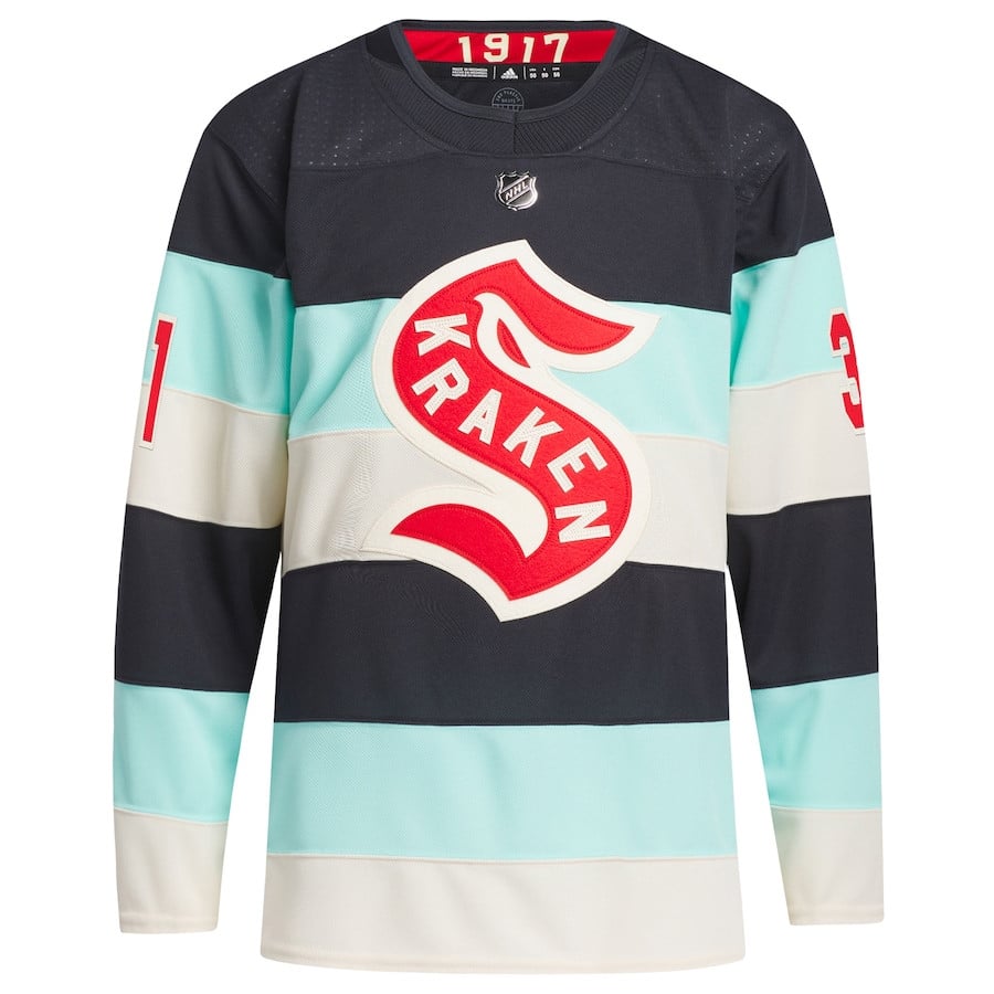 Alternative view of Philipp Grubauer 31 Seattle Kraken 2024 NHL Winter Classic Primegreen Men Jersey - Deep Sea Blue - JS841 