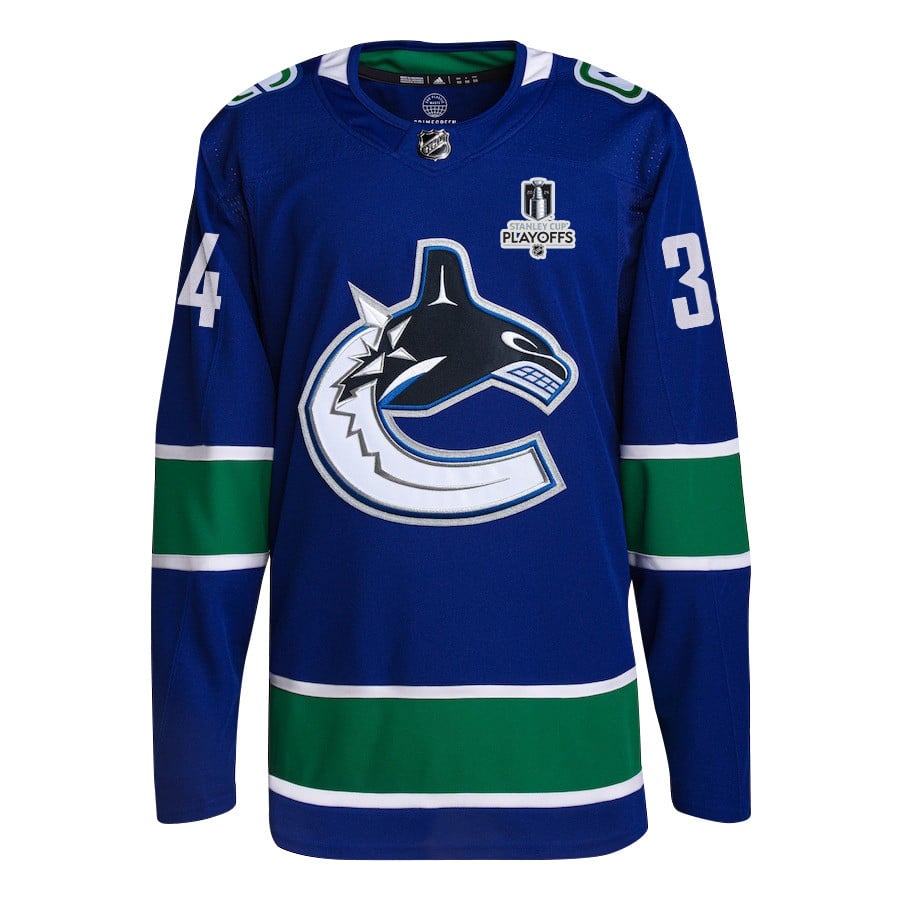 Alternative view of Phillip Di Giuseppe 34 Vancouver Canucks 2024 NHL Playoffs Patch Home Jersey - Men, Blue - JS698 