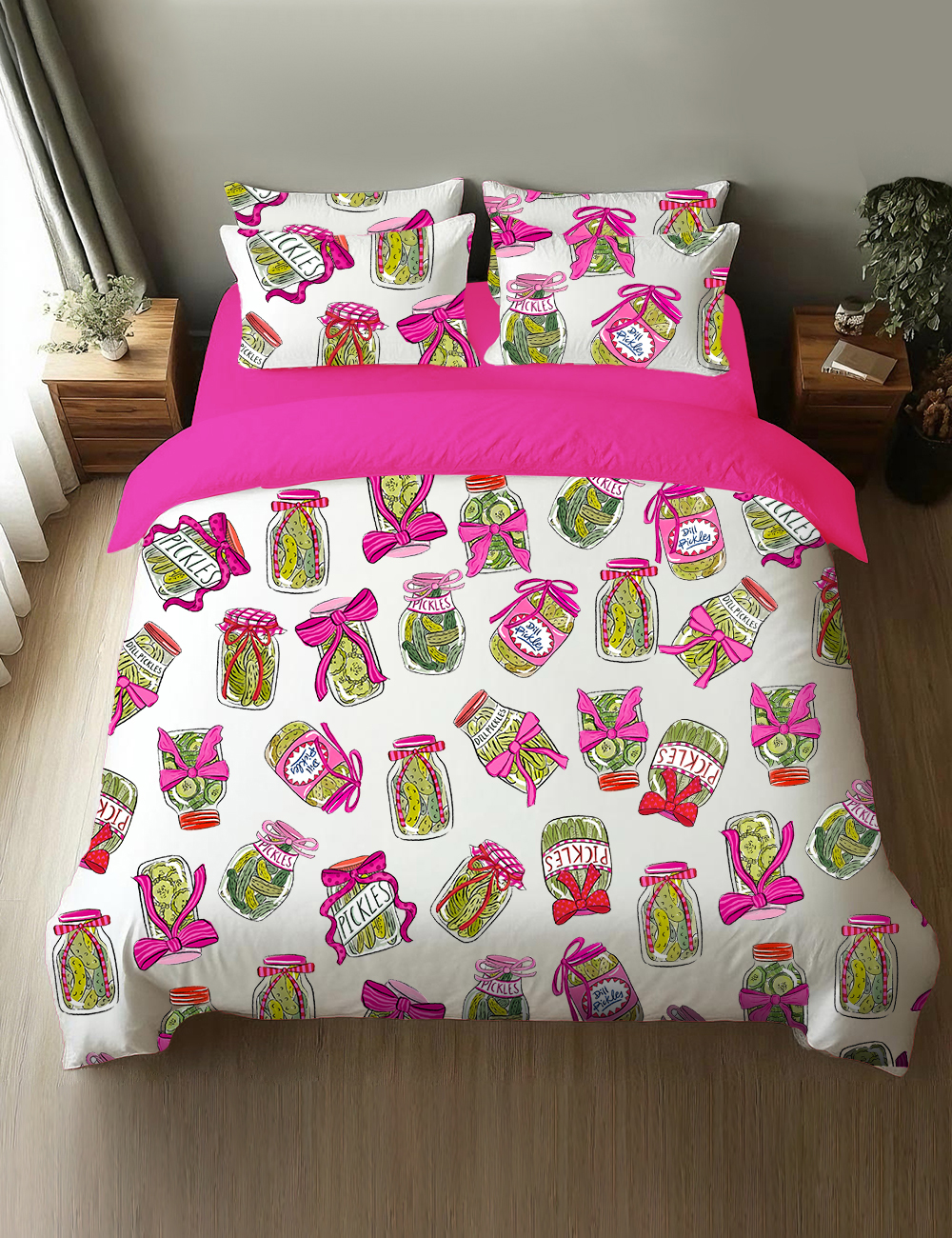 Pickle Lover Pink Bows Four-Piece Bedding Set