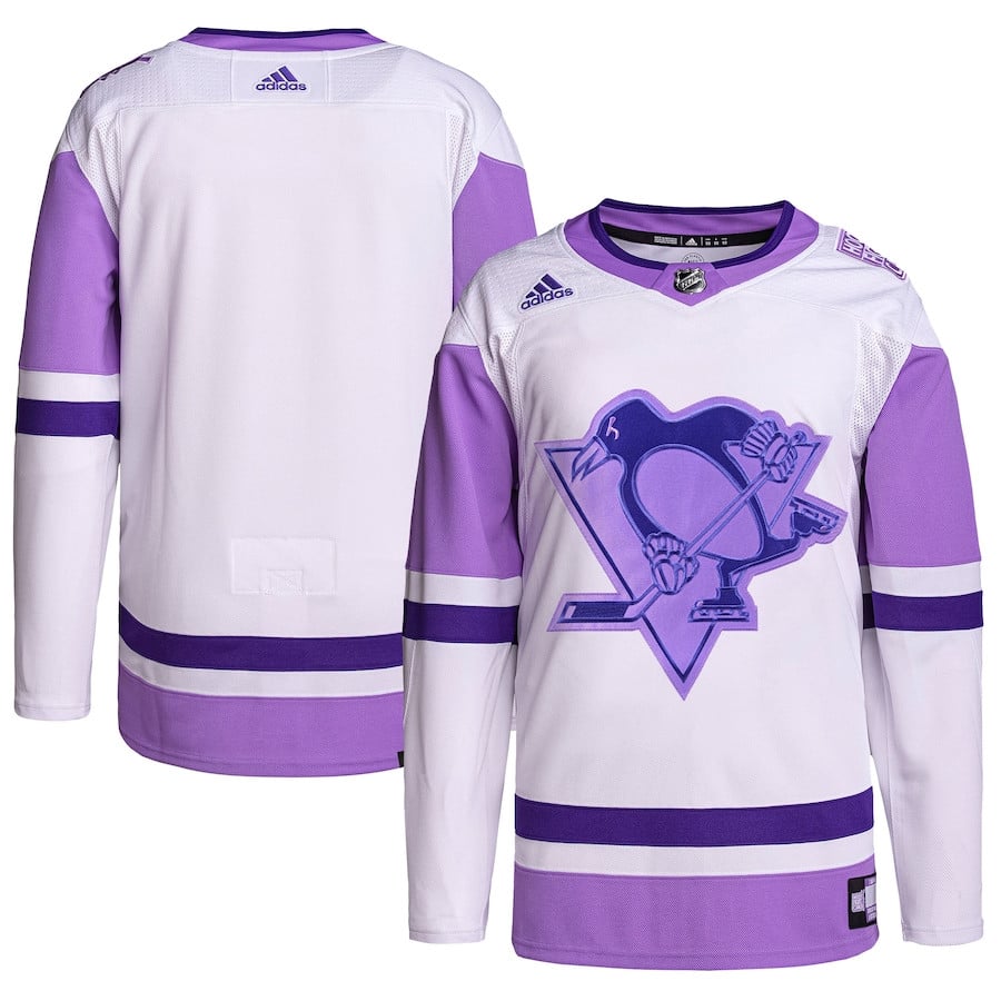 Pittsburgh Penguins Hockey Fights Cancer Primegreen Men Jersey - White/Purple - JS587 