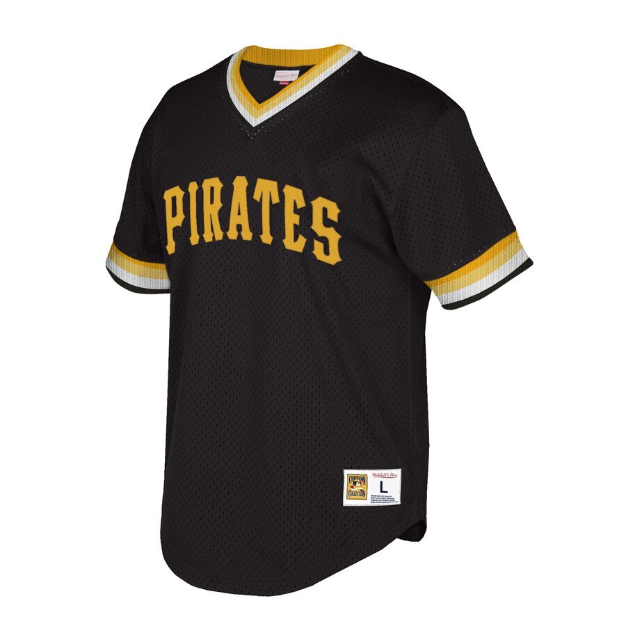 Alternative view of Pittsburgh Pirates Mitchell And Ness Big And Tall Cooperstown Collection Mesh Wordmark V-neck Jersey - Black