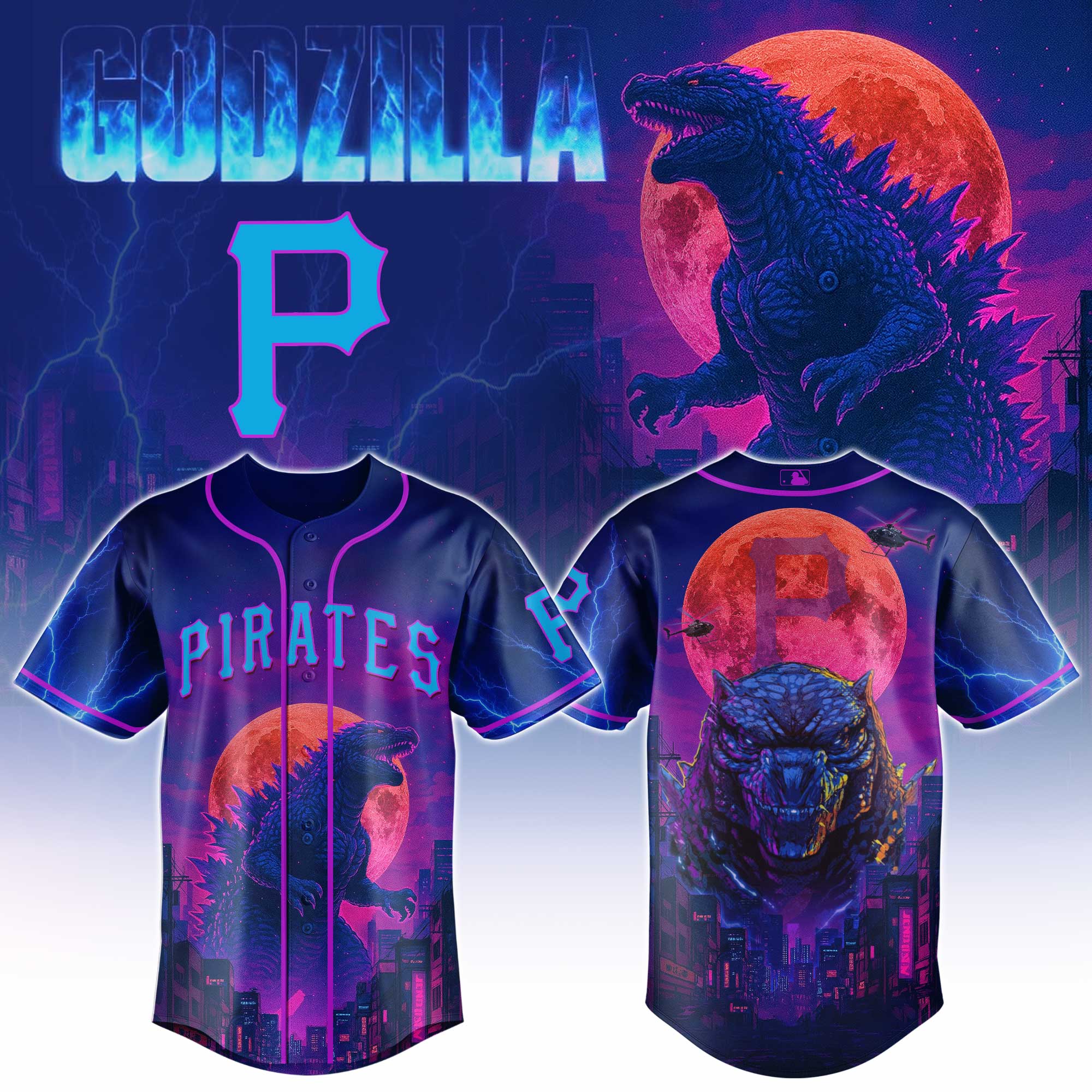 Pittsburgh Pirates Mlb X Godzilla Neon City Custom Baseball Jersey