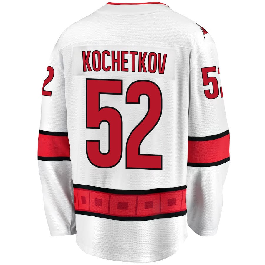 Alternative view of Pyotr Kochetkov 52 Carolina Hurricanes Stanley Cup 2023 Playoffs Patch Away Breakaway Men Jersey - White - JS940 