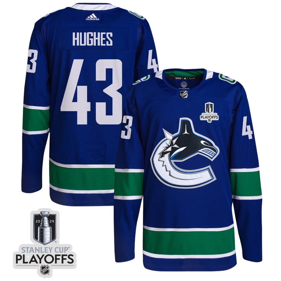 Quinn Hughes 43 Vancouver Canucks 2024 NHL Playoffs Patch Home Jersey - Men, Blue - JS406 