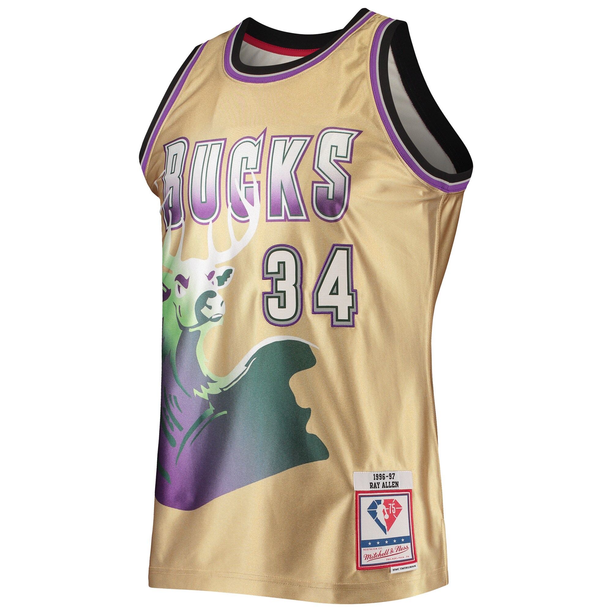 Alternative view of Ray Allen Milwaukee Bucks Mitchell & Ness 75th Anniversary 1996/97 Hardwood Classics Swingman Jersey - Gold