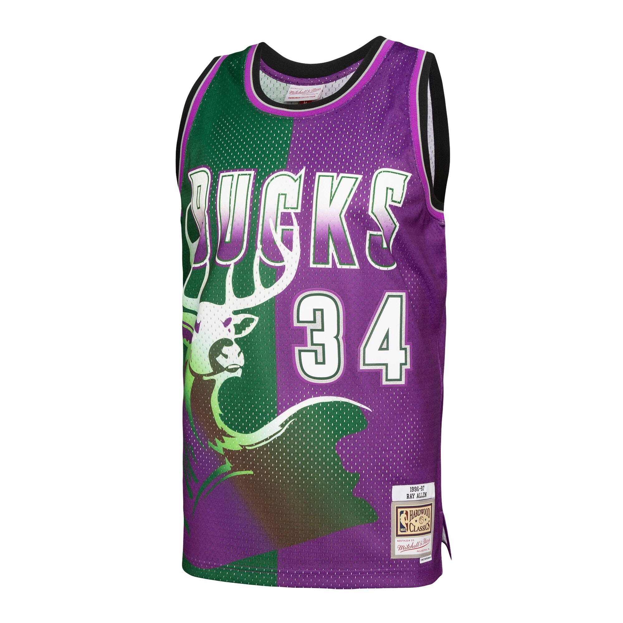 Alternative view of Ray Allen Milwaukee Bucks Mitchell & Ness Hardwood Classics 1996/97 Split Swingman Jersey - Green/purple