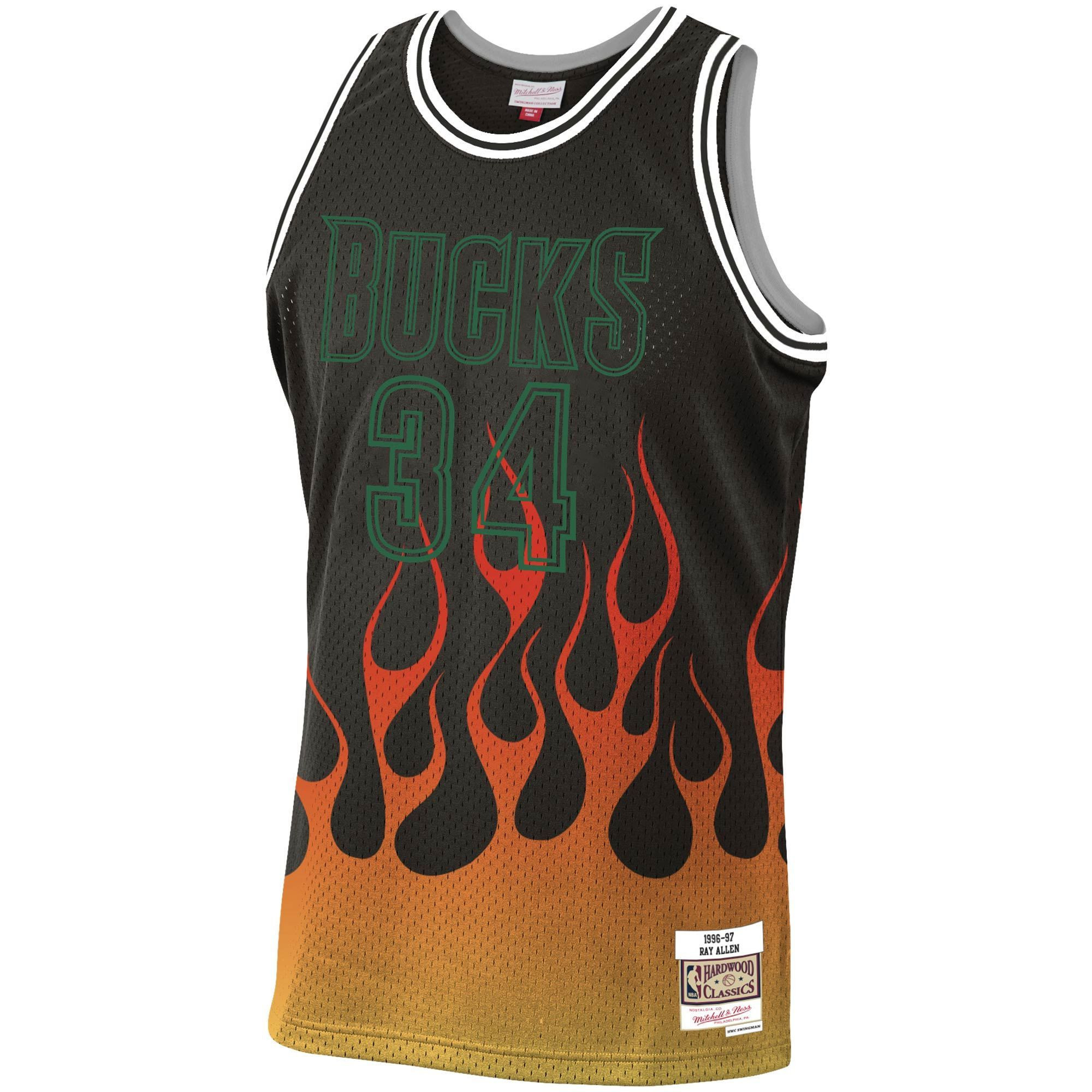 Alternative view of Ray Allen Milwaukee Bucks Mitchell & Ness 1996-97 Hardwood Classics Flames Swingman Jersey – Black - JS439 