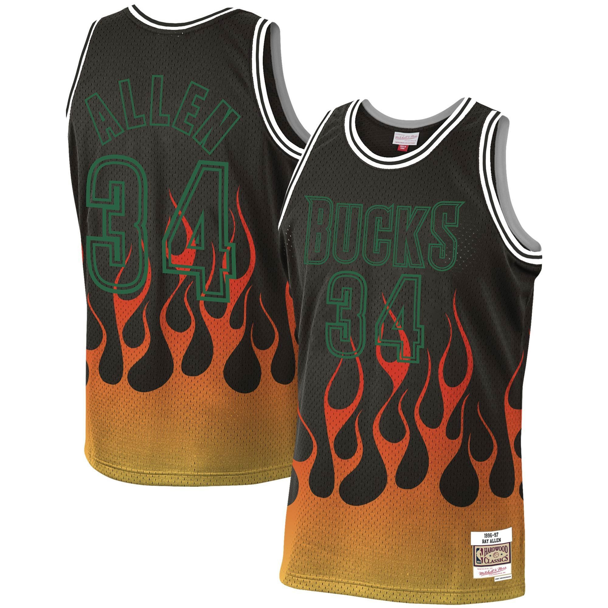 Ray Allen Milwaukee Bucks Mitchell & Ness 1996-97 Hardwood Classics Flames Swingman Jersey – Black - JS439 