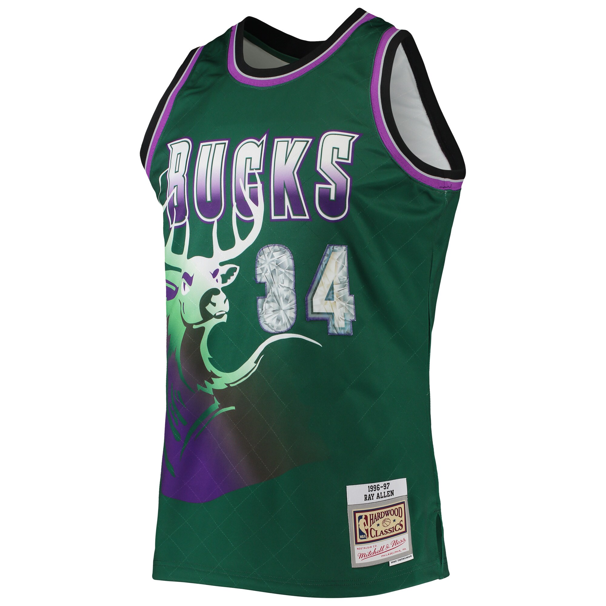 Alternative view of Ray Allen Milwaukee Bucks Mitchell & Ness 1996/97 Hardwood Classics Nba 75th Anniversary Diamond Swingman Jersey - Green