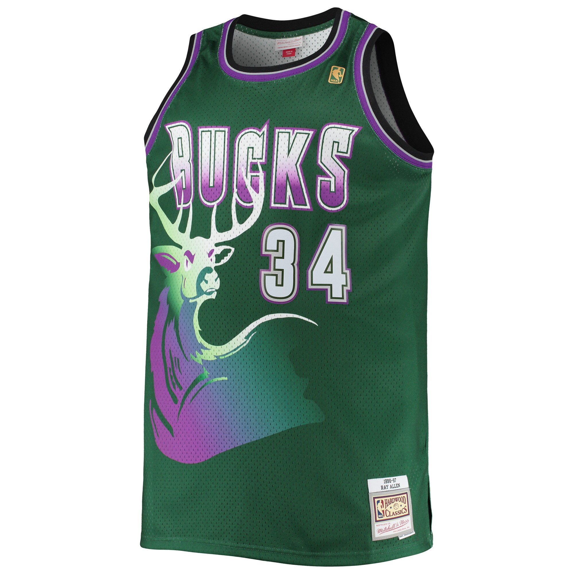 Alternative view of Ray Allen Milwaukee Bucks Mitchell & Ness Big & Tall 1996/97 Hardwood Classics Swingman Jersey - Hunter Green