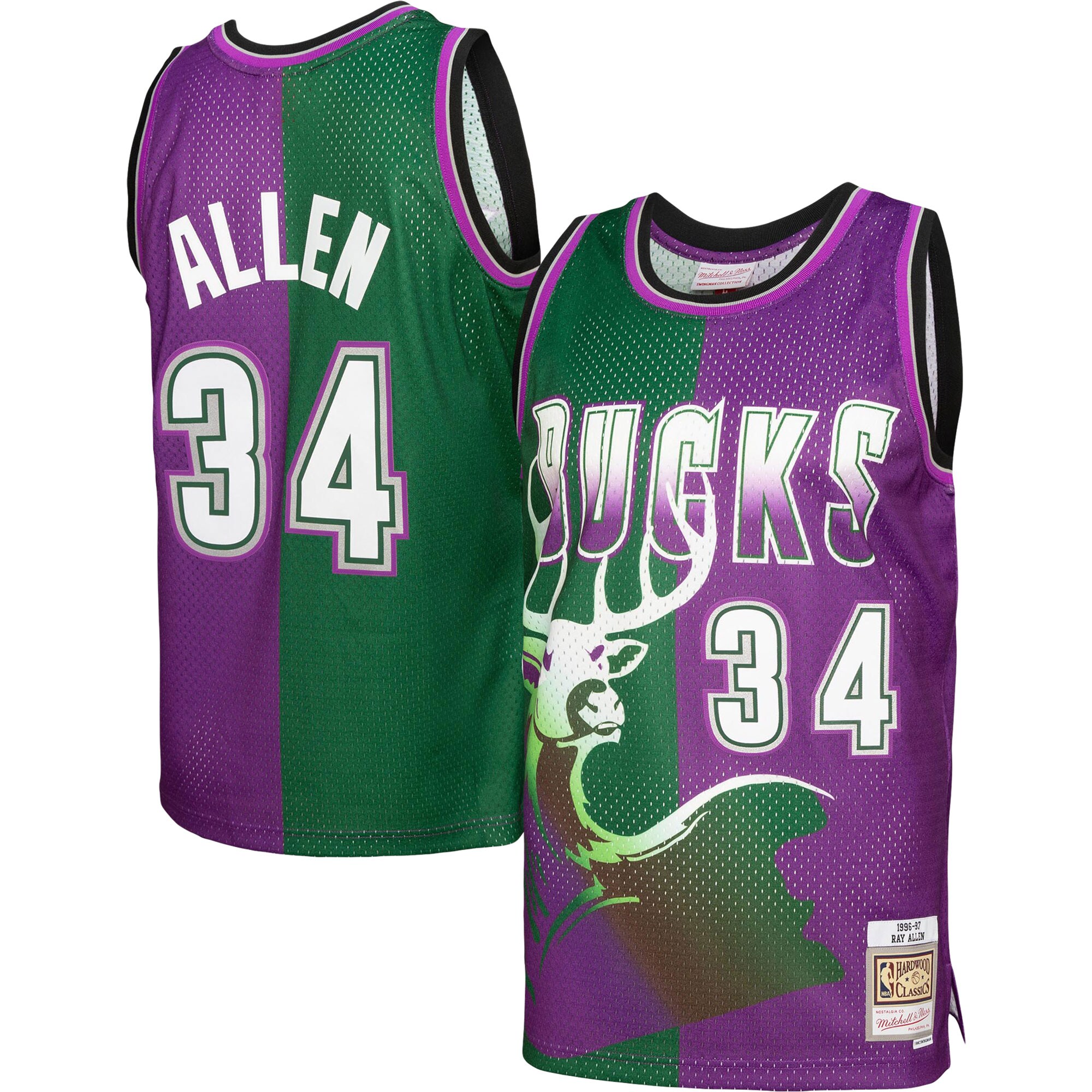Alternative view of Ray Allen Milwaukee Bucks Mitchell & Ness Hardwood Classics 1996/97 Split Swingman Jersey - Green/purple