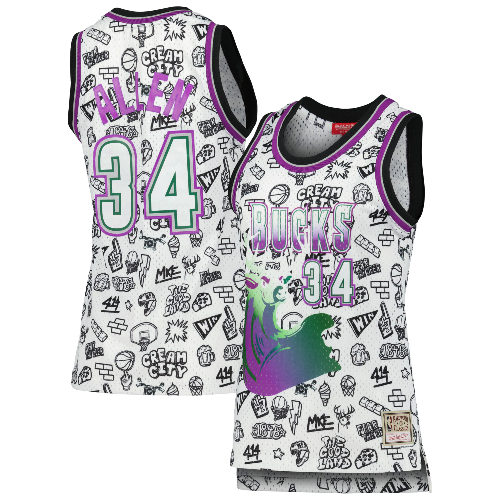 Alternative view of Ray Allen Milwaukee Bucks Mitchell & Ness Women’s 1996 Doodle Swingman Jersey – White