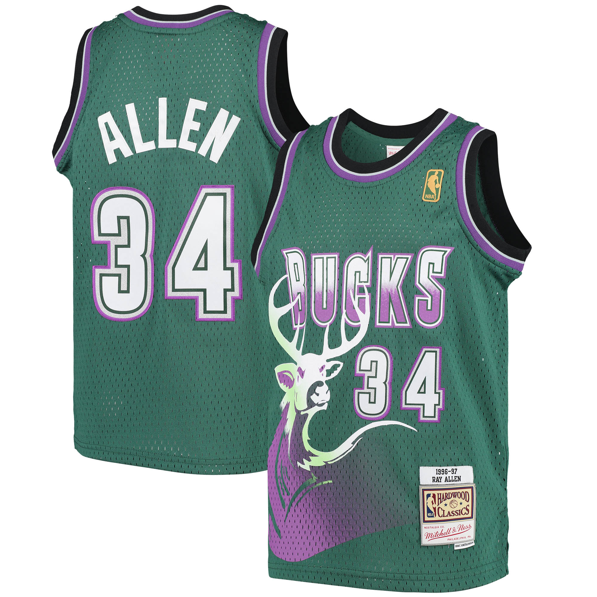 Alternative view of Ray Allen Milwaukee Bucks Mitchell & Ness Youth 1996-97 Hardwood Classics Swingman Jersey - Green