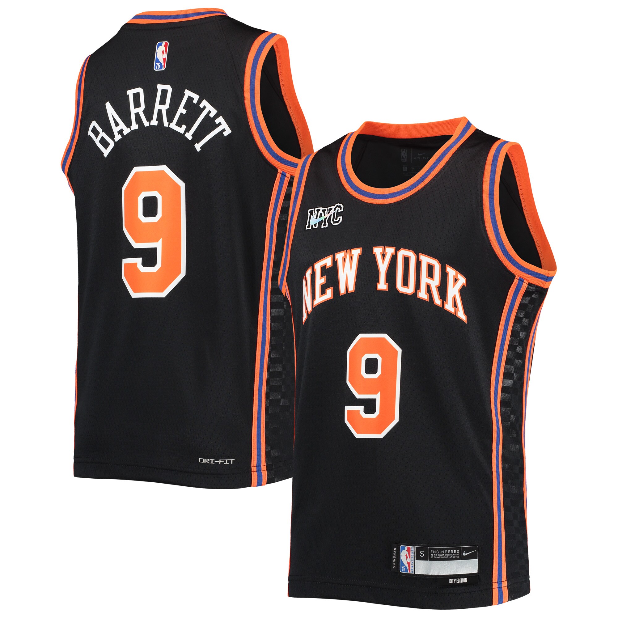 Alternative view of Rj Barrett New York Knicks Youth 2021/22 Swingman Jersey - City Edition - Black
