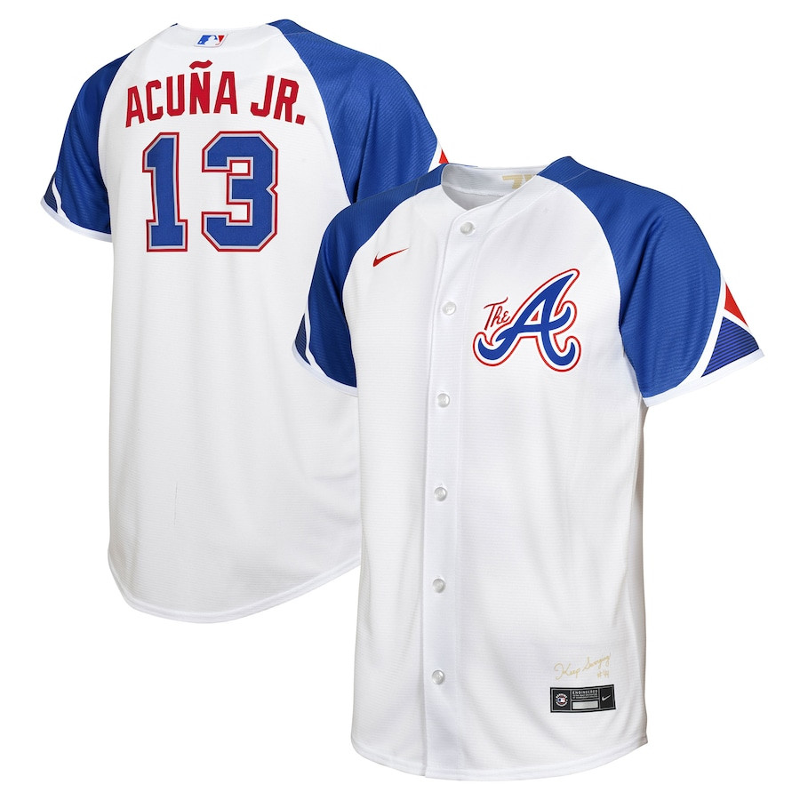 Ronald Acuña Jr. 13 Atlanta Braves 2023 City Connect Youth Jersey - White - JS327