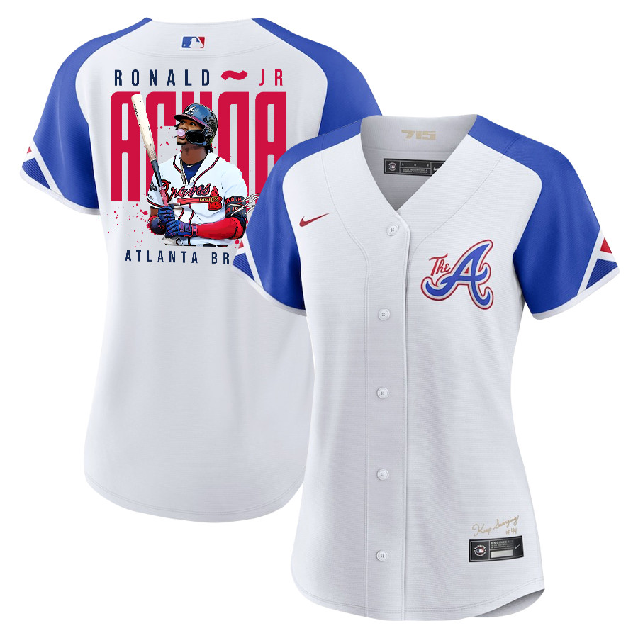 Ronald Acuña Jr. 13 Atlanta Braves Signed Gum 2023 City Connect Player Women Jersey - White Blue - JS548