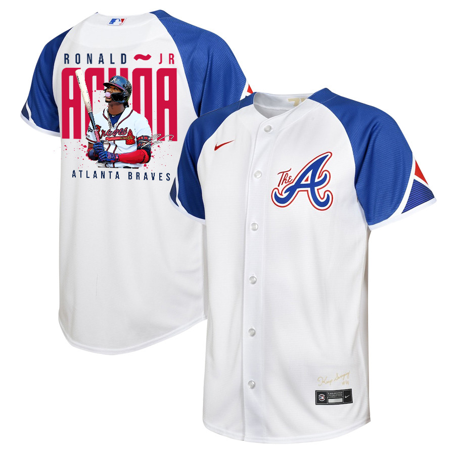 Ronald Acuña Jr. 13 Atlanta Braves Signed Gum 2023 City Connect Player YOUTH Jersey - White Blue - JS767