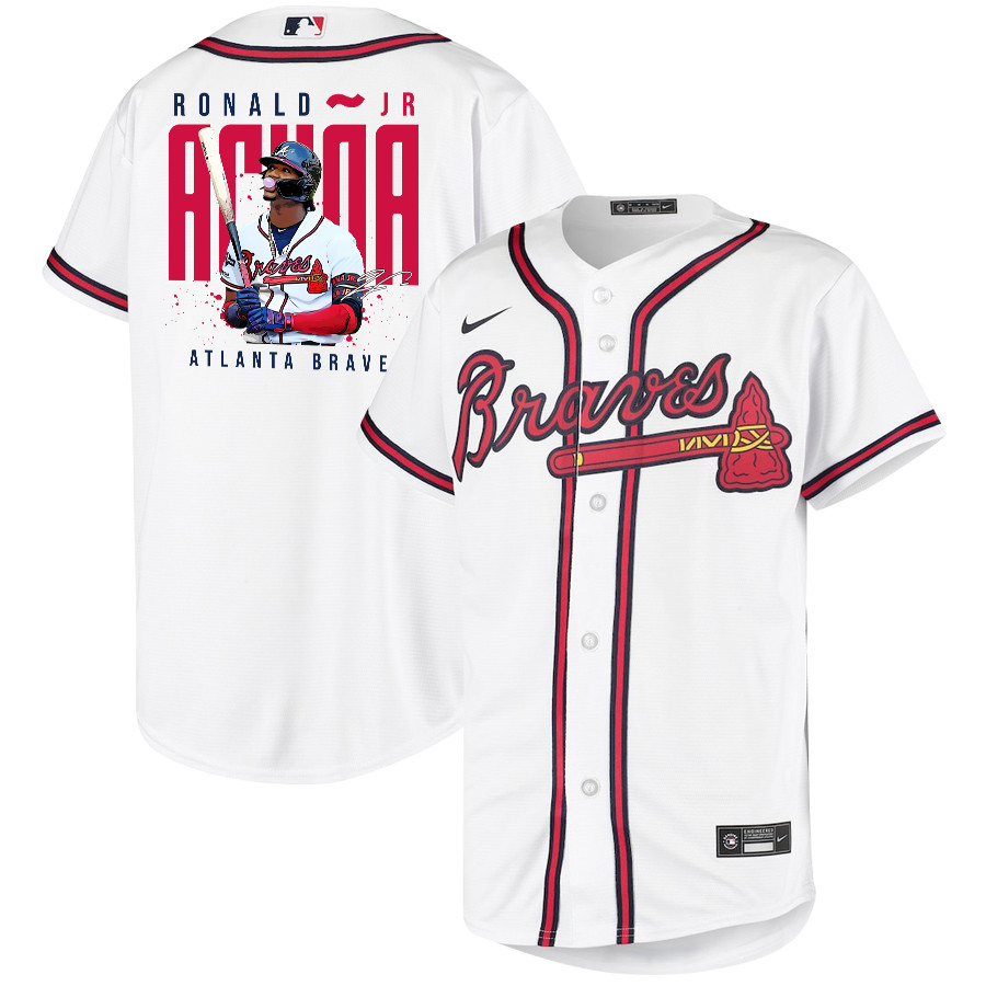 Ronald Acuña Jr. 13 Atlanta Braves Signed Gum 2023 Home Player YOUTH Jersey - White Red - JS602