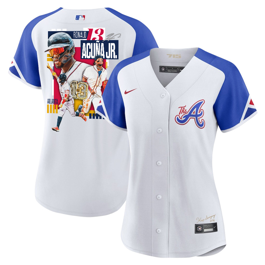 Ronald Acuña Jr. 13 Atlanta Braves Signed MVP 2023 City Connect Player Women Jersey - White Blue - JS326