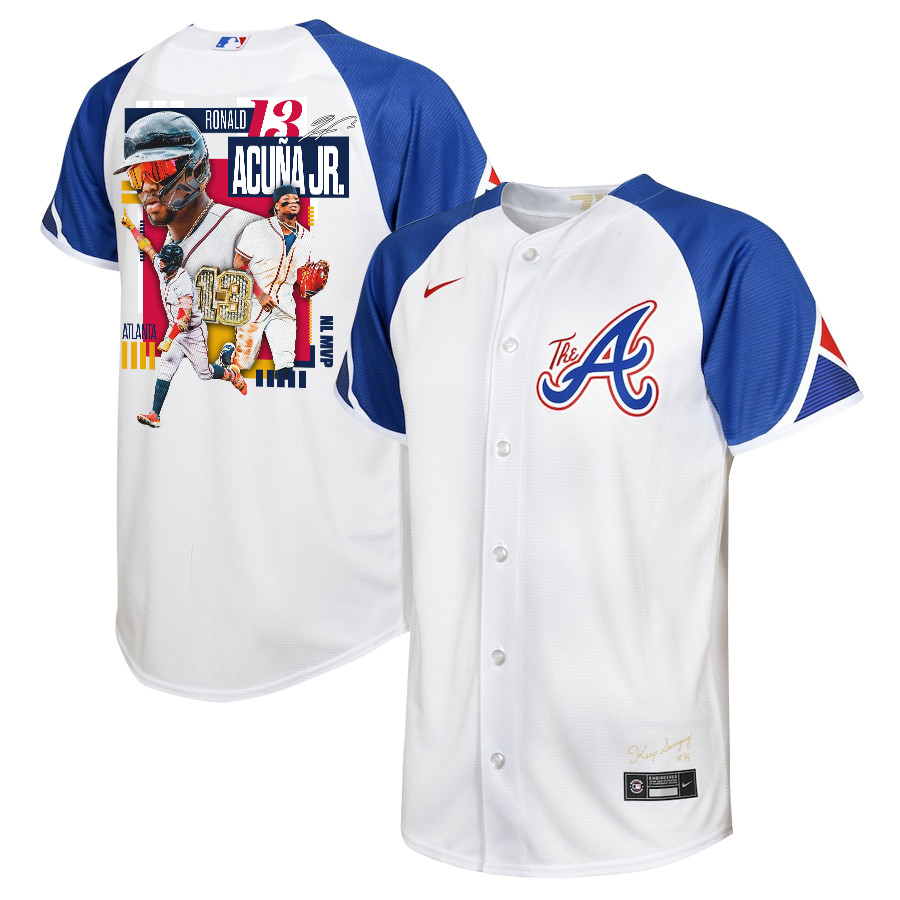 Ronald Acuña Jr. 13 Atlanta Braves Signed MVP 2023 City Connect Player YOUTH Jersey - White Blue - JS853