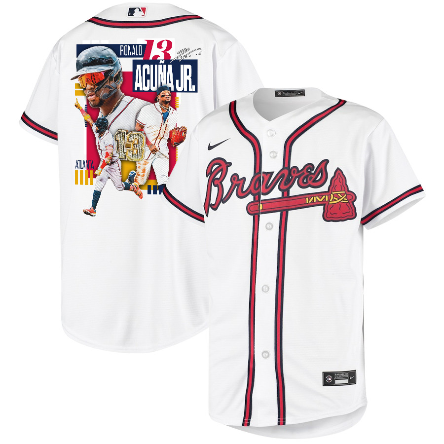 Ronald Acuña Jr. 13 Atlanta Braves Signed MVP 2023 Home Player YOUTH Jersey - White Red - JS963