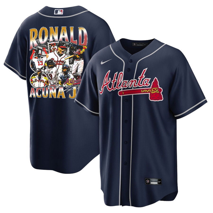 Ronald Acuña Jr. 13 Atlanta Braves Signed Posture 2023 Alternate Player Men Jersey - Navy - JS336