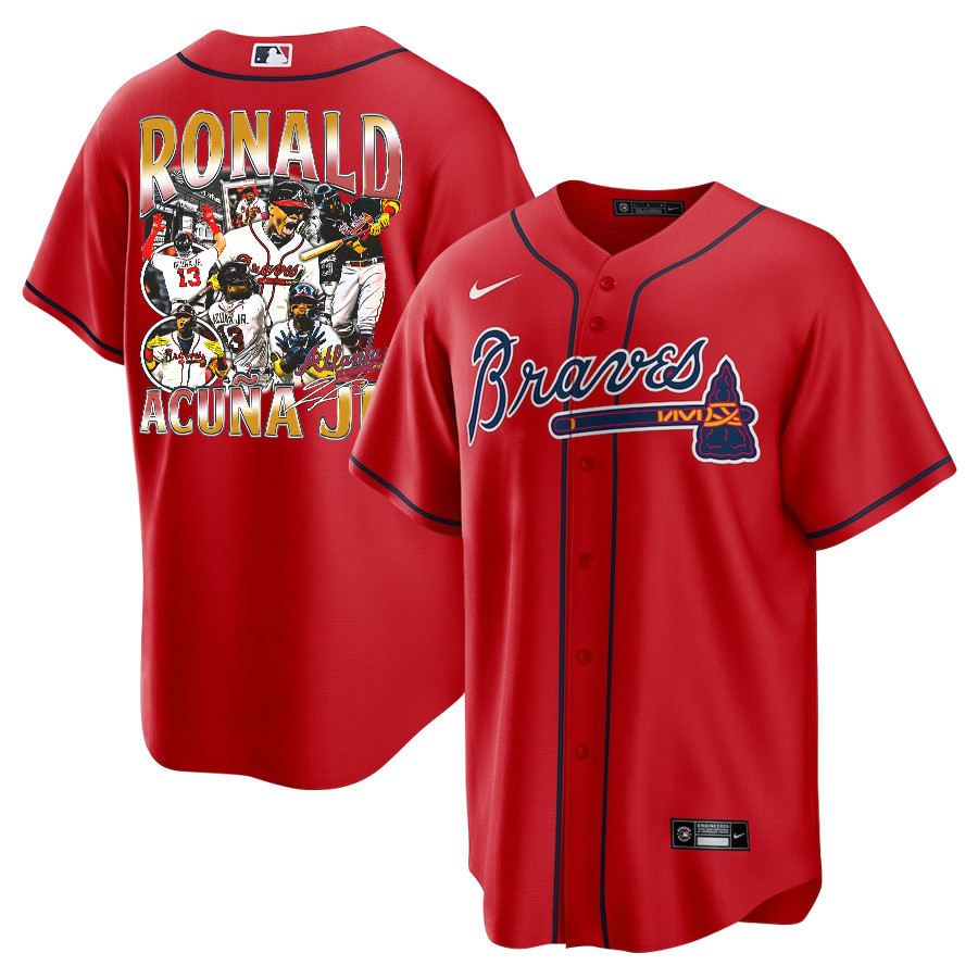 Ronald Acuña Jr. 13 Atlanta Braves Signed Posture 2023 Alternate Player Men Jersey - Red - JS459