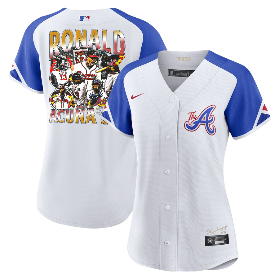 Ronald Acuña Jr. 13 Atlanta Braves Signed Posture 2023 City Connect Player Women Jersey - White Blue - JS818