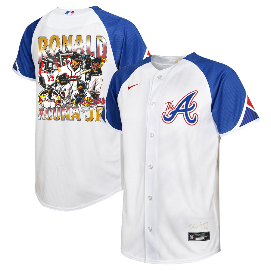 Ronald Acuña Jr. 13 Atlanta Braves Signed Posture 2023 City Connect Player YOUTH Jersey - White Blue - JS119