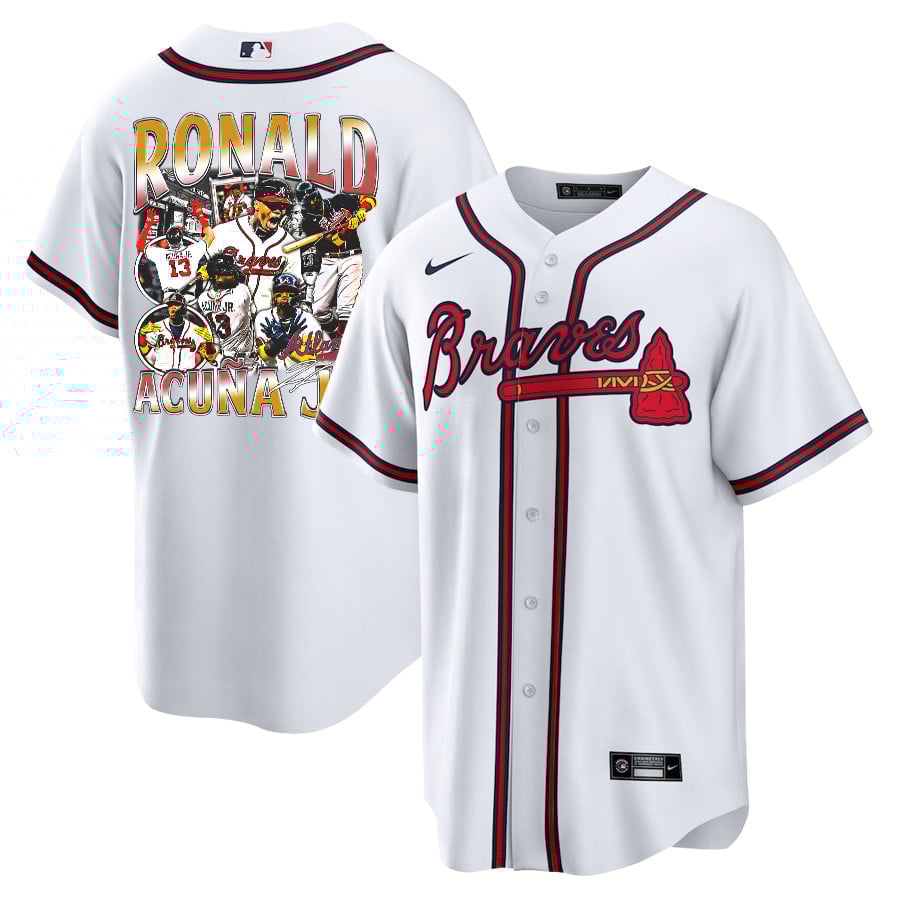Ronald Acuña Jr. 13 Atlanta Braves Signed Posture 2023 Home Player Men Jersey - White Red - JS251