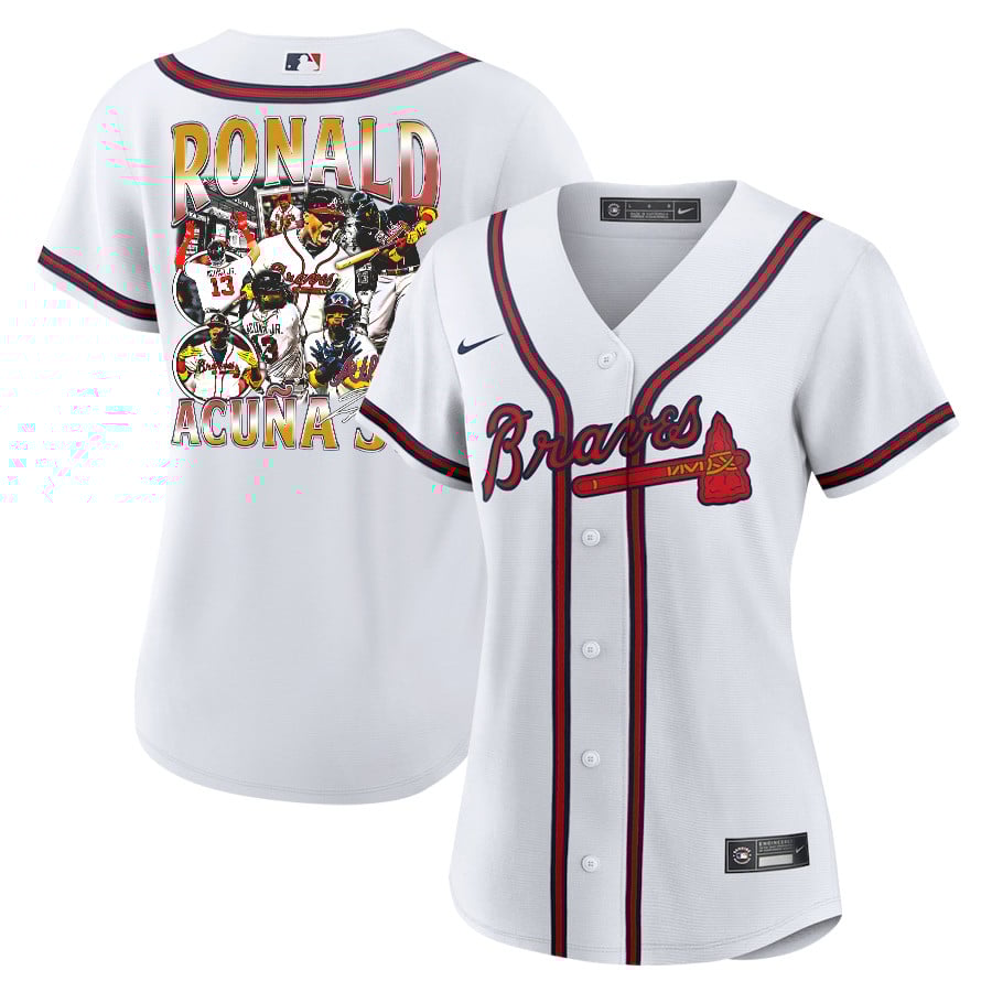 Ronald Acuña Jr. 13 Atlanta Braves Signed Posture 2023 Home Player Women Jersey - White Red - JS679