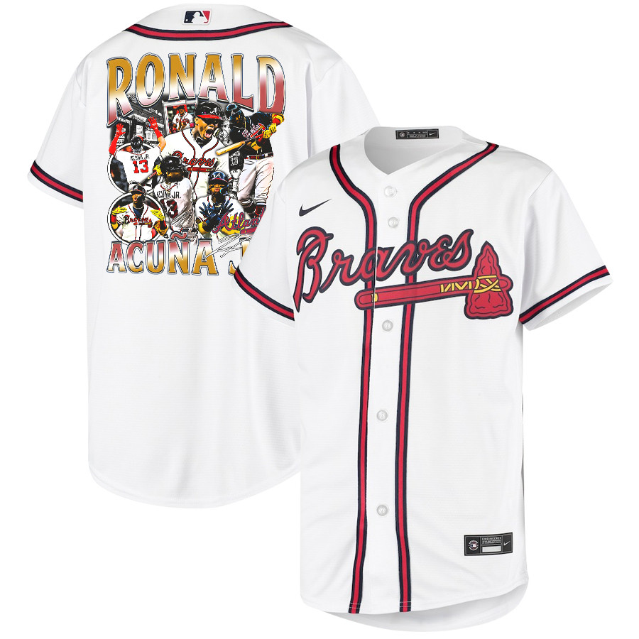 Ronald Acuña Jr. 13 Atlanta Braves Signed Posture 2023 Home Player YOUTH Jersey - White Red - JS968