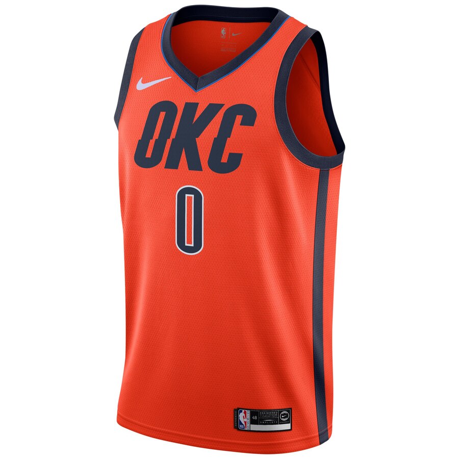 Alternative view of Russell Westbrook Oklahoma City Thunder 2018/19 Swingman Jersey Orange - Earned Edition