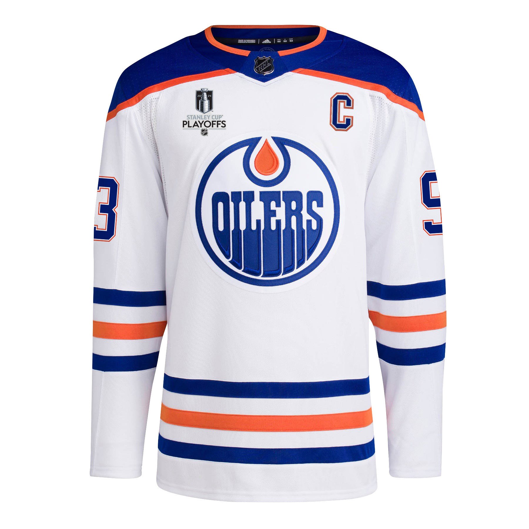 Alternative view of Ryan Nugent-Hopkins 93 Edmonton Oilers 2024 NHL Playoffs Patch Away Jersey - Men, White - JS906 