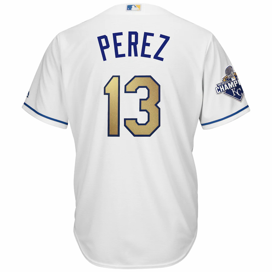 Alternative view of Salvador Perez Kansas City Royals Majestic World Series Champions Gold Program Cool Base Player Jersey - White