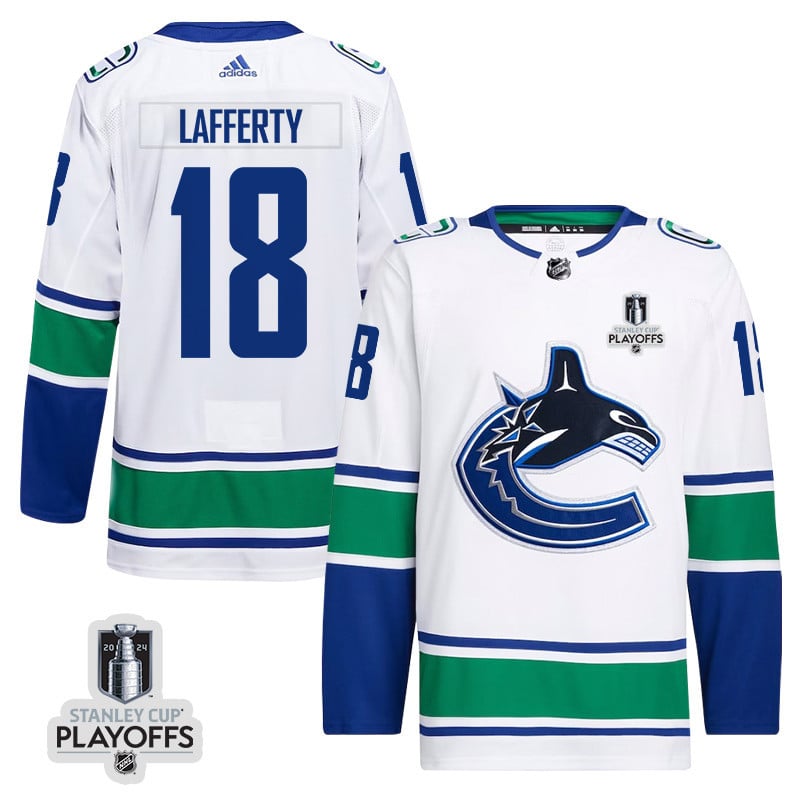 Sam Lafferty 18 Vancouver Canucks 2024 NHL Playoffs Patch Away Jersey - Men, White - JS751 