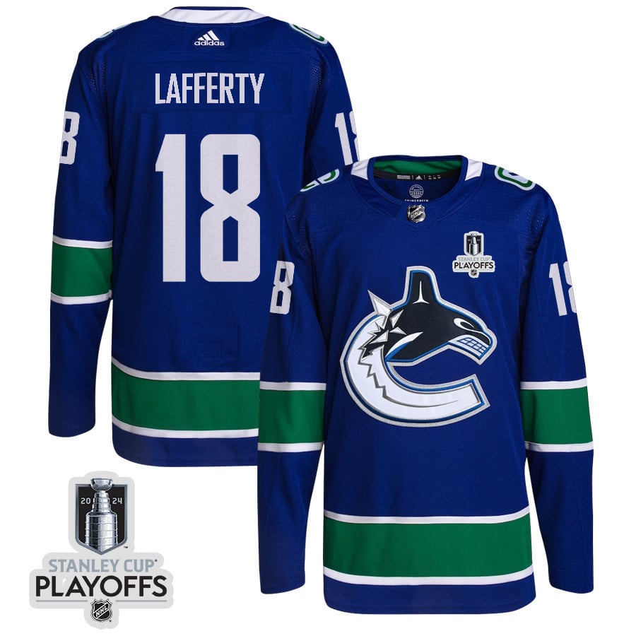 Sam Lafferty 18 Vancouver Canucks 2024 NHL Playoffs Patch Home Jersey - Men, Blue - JS661 