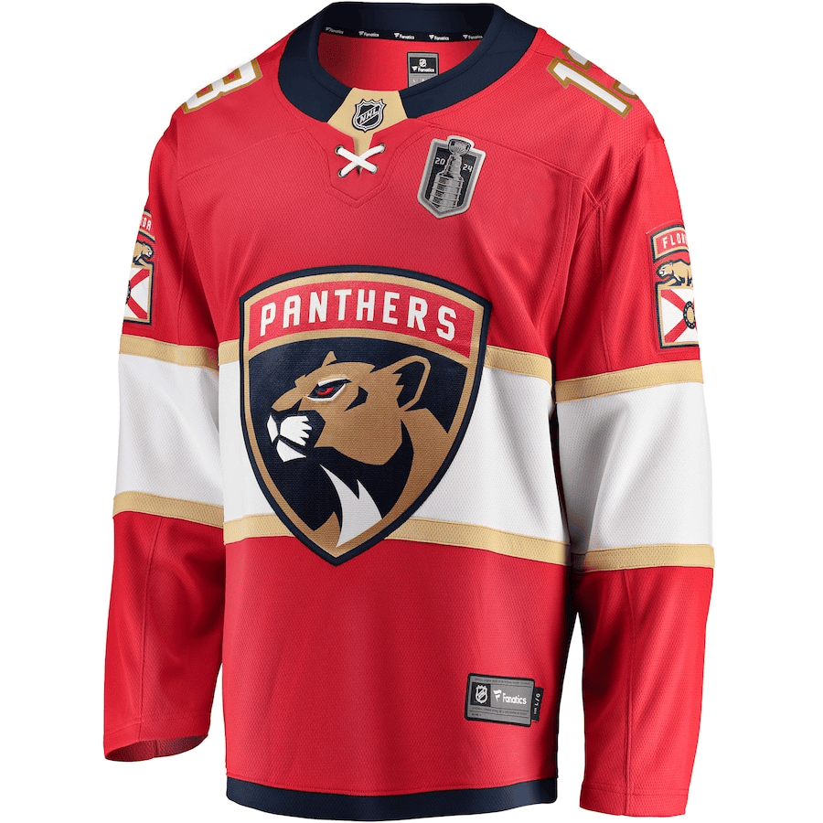 Alternative view of Sam Reinhart 13 Florida Panthers 2024 Stanley Cup Final Home Breakaway Player Jersey - Red - JS699 