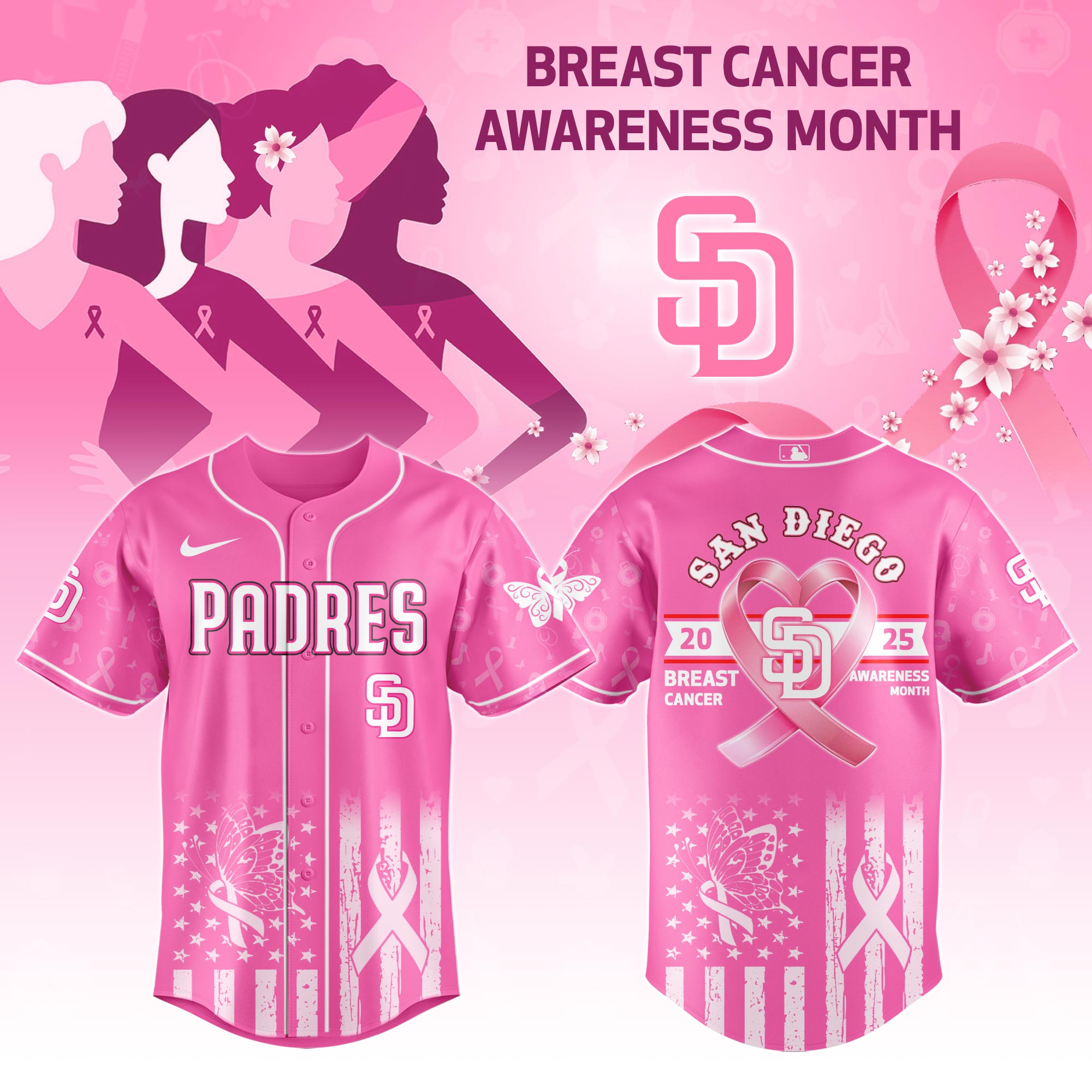 San Diego Padres Mlb X Breast Cancer Awareness Month Custom Baseball Jersey