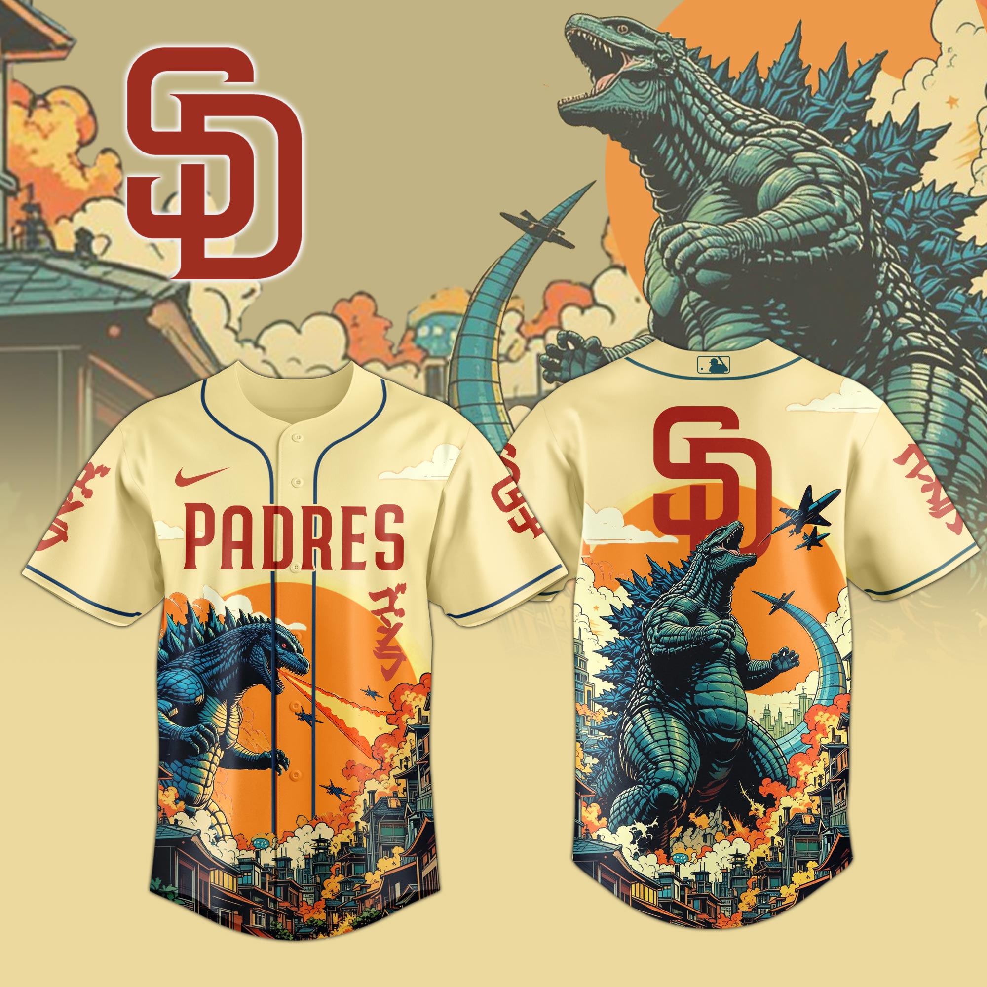 San Diego Padres Mlb X Godzilla Attack Custom Baseball Jersey