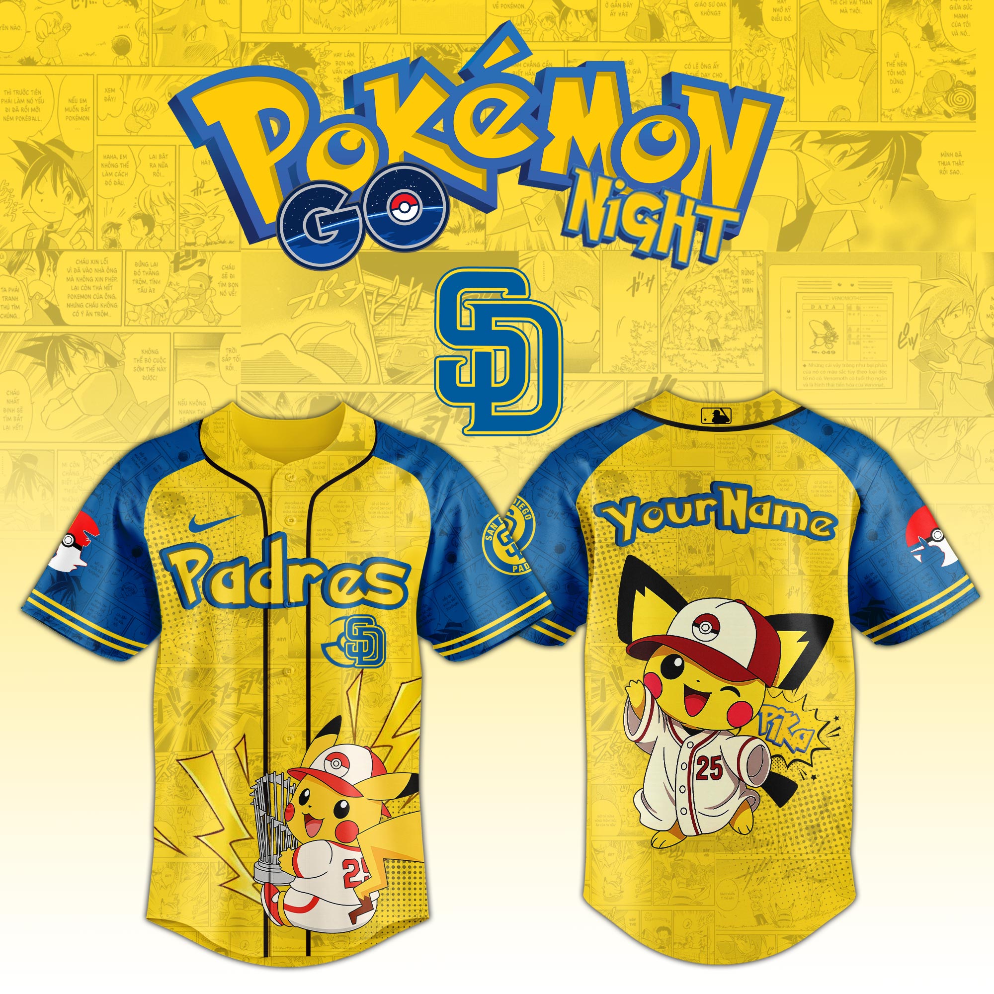 San Diego Padres Mlb X Pokemon Pichu Pikachu Custom Baseball Jersey Custom Name