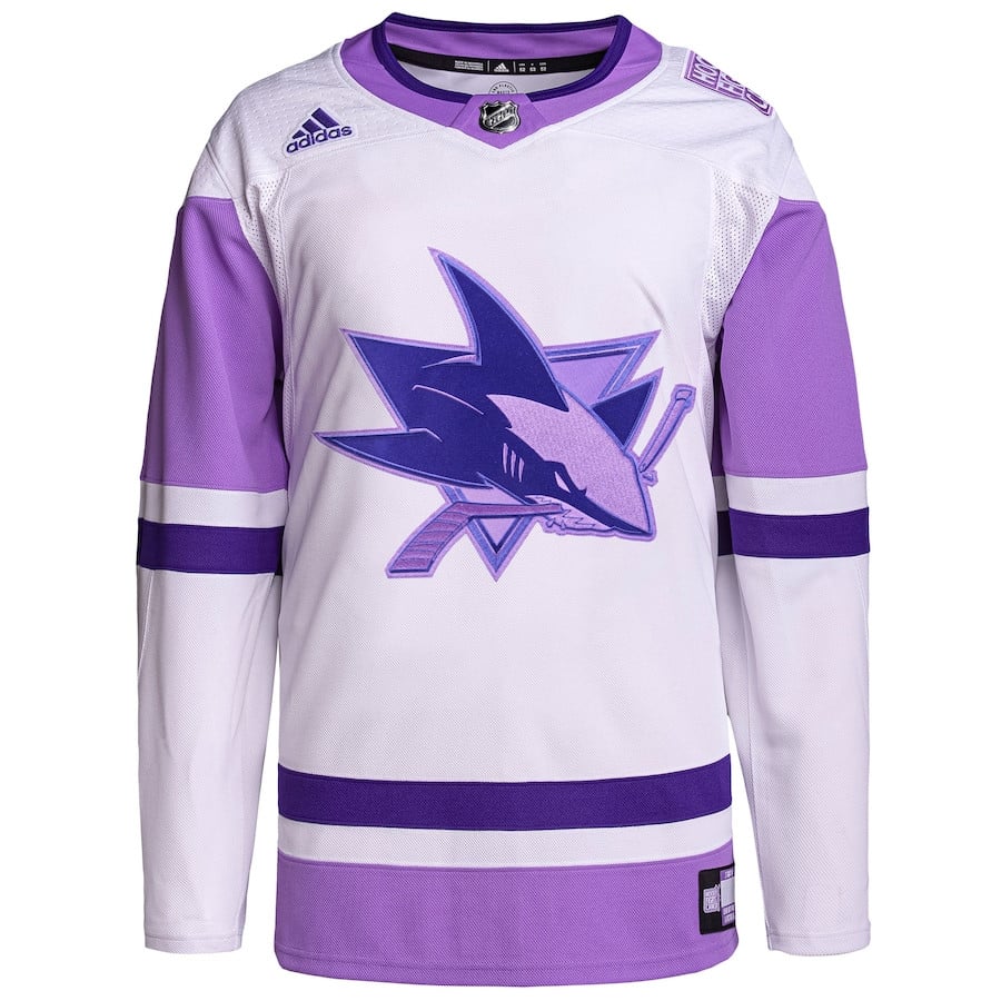 Alternative view of San Jose Sharks Hockey Fights Cancer Primegreen Men Jersey - White/Purple - JS259 