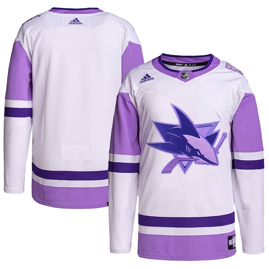 San Jose Sharks Hockey Fights Cancer Primegreen Men Jersey - White/Purple - JS259 