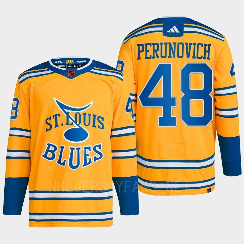 Scott Perunovich 48 Reverse Retro 2.0 2022 St. Louis Blues Yellow Jersey Primegreen - JS992 