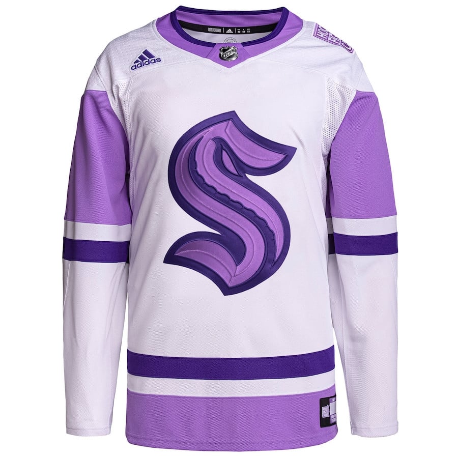 Alternative view of Seattle Kraken Hockey Fights Cancer Primegreen Custom Men Jersey - White/Purple - JS603 