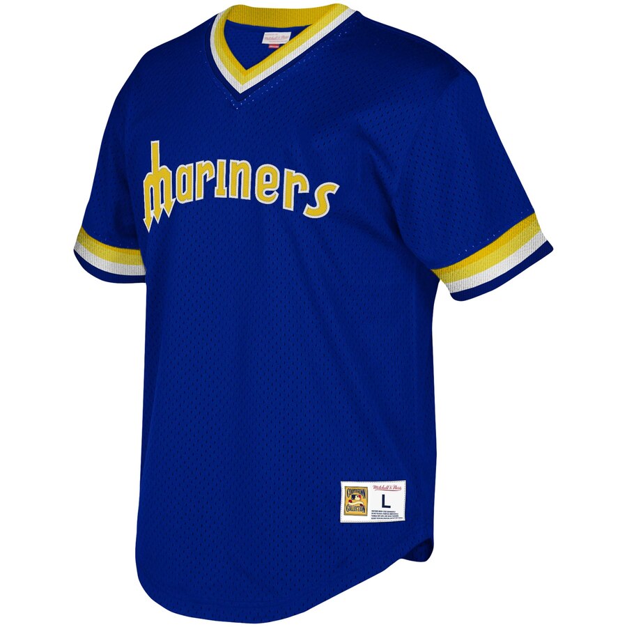 Alternative view of Seattle Mariners Mitchell & Ness Youth Cooperstown Collection Mesh Wordmark V-neck Jersey - Royal