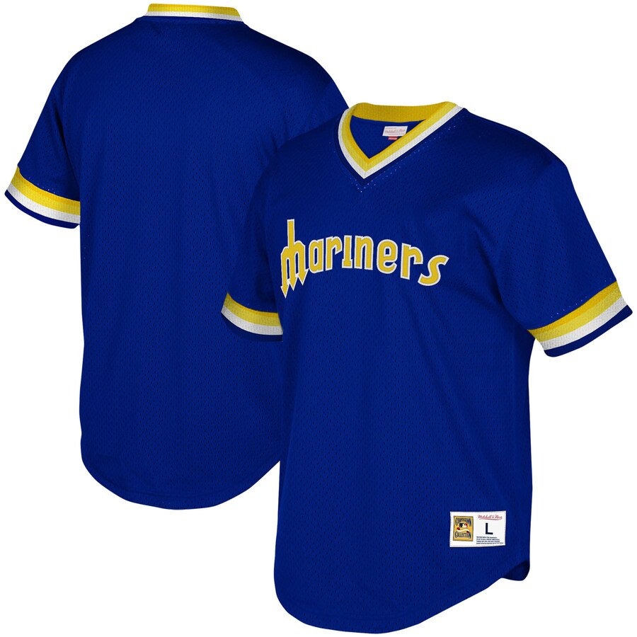 Seattle Mariners Mitchell & Ness Youth Cooperstown Collection Mesh Wordmark V-neck Jersey - Royal