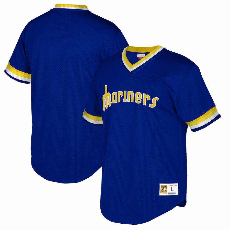 Seattle Mariners Mitchell And Ness Big And Tall Cooperstown Collection Mesh Wordmark V-neck Jersey - Royal